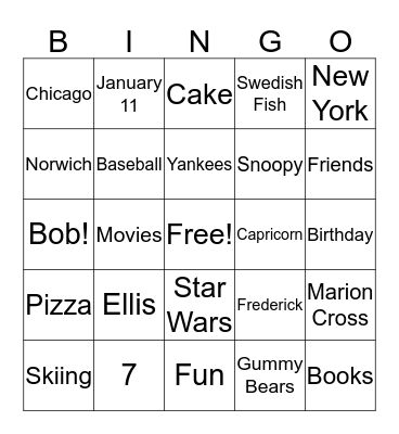 Ellis Birthday Bingo Card