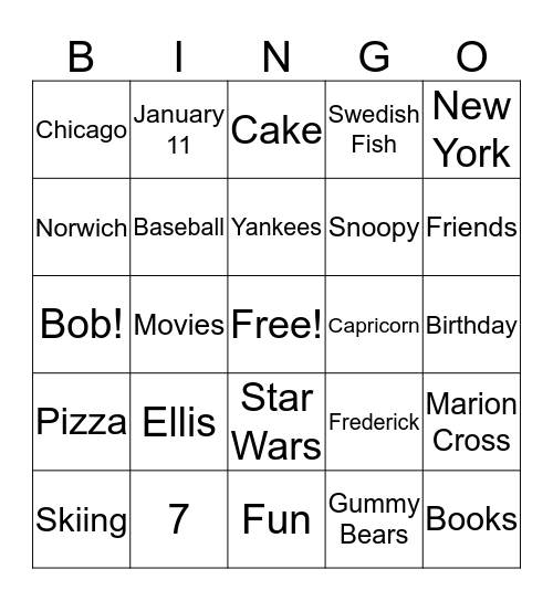 Ellis Birthday Bingo Card