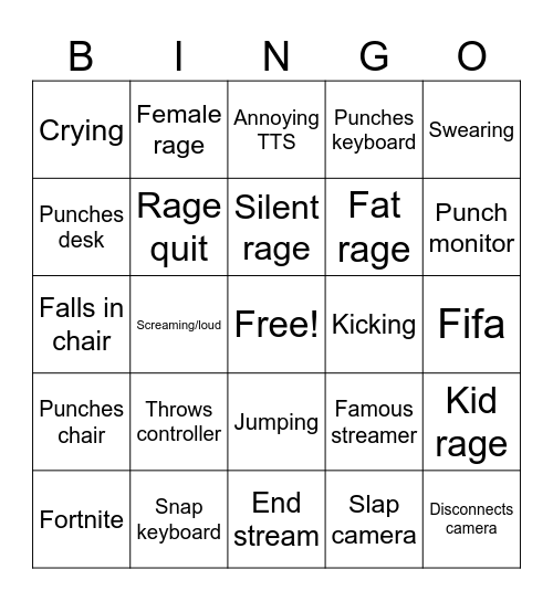 Gamer rage Bingo Card
