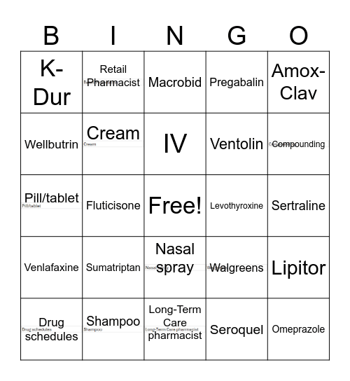 Pre-Pharm Bingo Card
