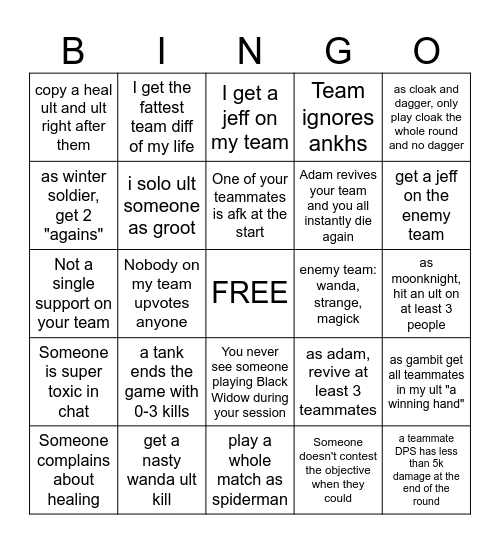 Marvel Rivals Bingo Card