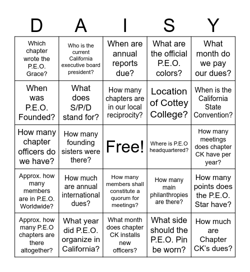 P.E.O. Constitution Bingo Card