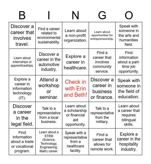 SMC Career Fair BINGO Card