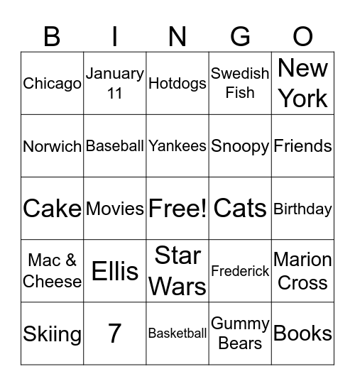 Ellis Birthday Bingo Card