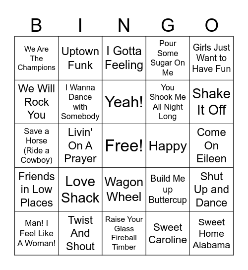 Party Anthems Bingo Card