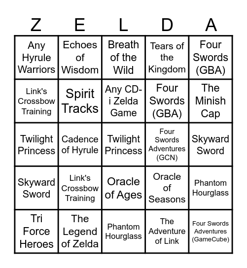 Zelda Games You've Played Bingo Card
