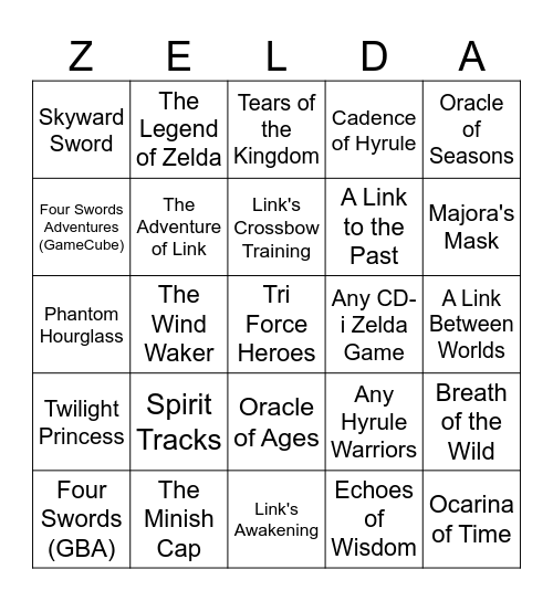 Zelda Games You've Played Bingo Card