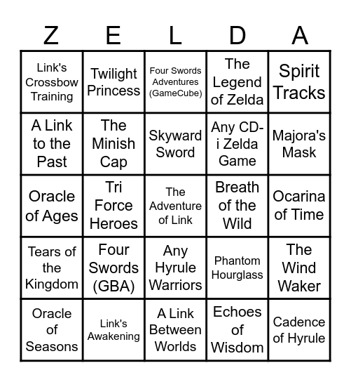 Zelda Games You've Played Bingo Card