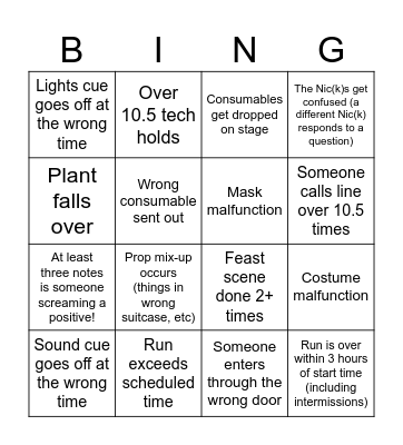 SoTM Dress #1 Bingo Card