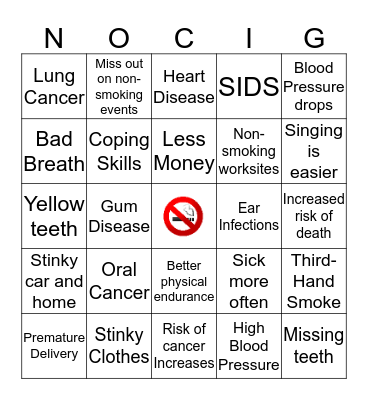 Smoking Cessation Bingo Card