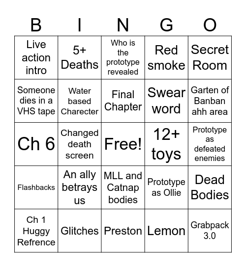 Poppy Playtime Chapter 5 Bingo Card