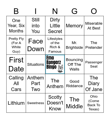 Emo Bangerz Bingo  (40 songs) Bingo Card