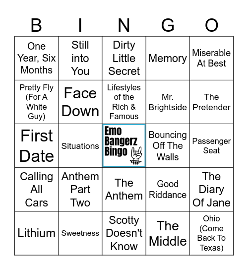Emo Bangerz Bingo  (40 songs) Bingo Card