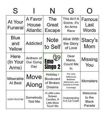 Emo Singo 2 (50 songs) Bingo Card
