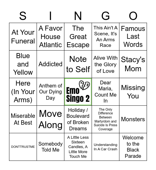 Emo Singo 2 (50 songs) Bingo Card