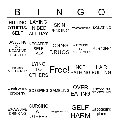 NEGATIVE COPING SKILLS Bingo Card