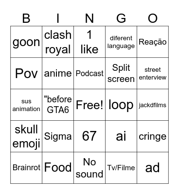 Youtube shorts Bingo Card
