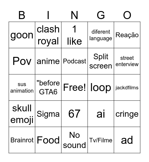 Youtube shorts Bingo Card
