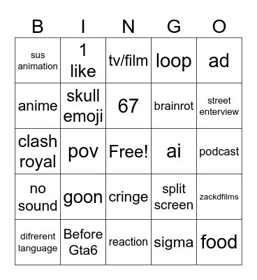 youtube shorts Bingo Card