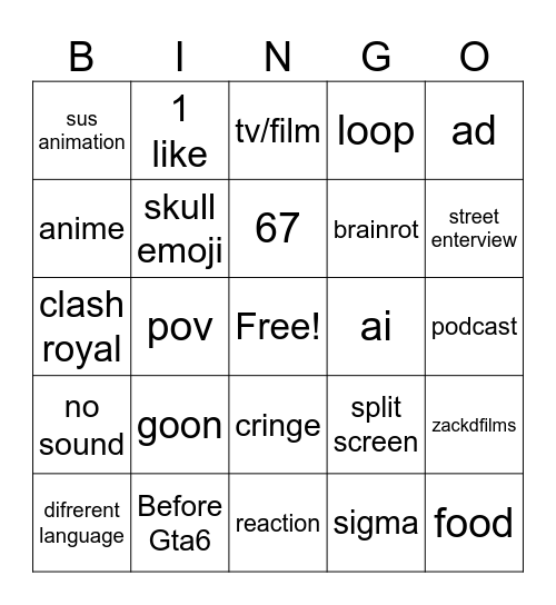 youtube shorts Bingo Card