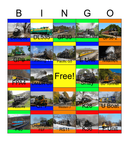 Great American Scenic Railroads that I would like to take photographs with Carmen one day Bingo Card
