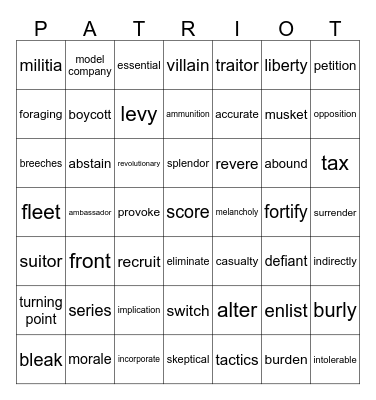 American Revolution Bingo Card