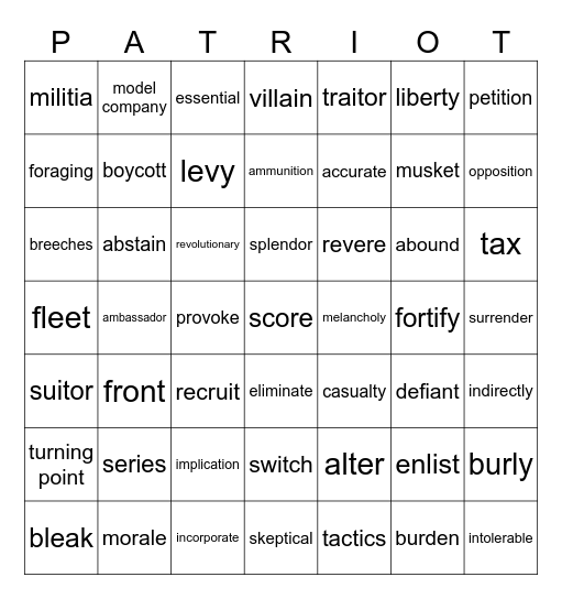 American Revolution Bingo Card