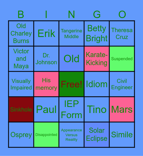 "Tangerine" Bingo Game #1 Bingo Card