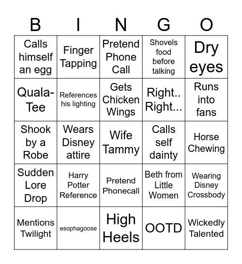 Timmy's Takeout Bingo Card