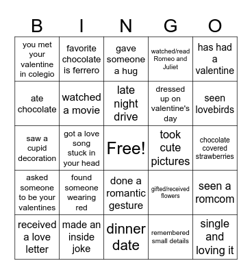 valentine Bingo Card