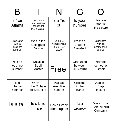 Xi Alpha DST Bingo Card