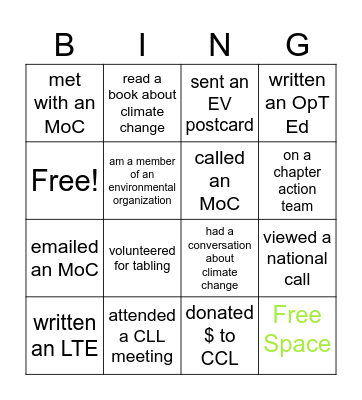 climate action Bingo Card