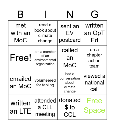 climate action Bingo Card
