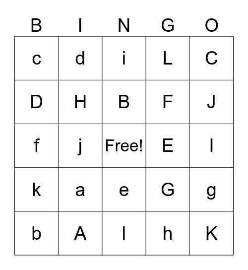Letters Aa - Kk Bingo Card