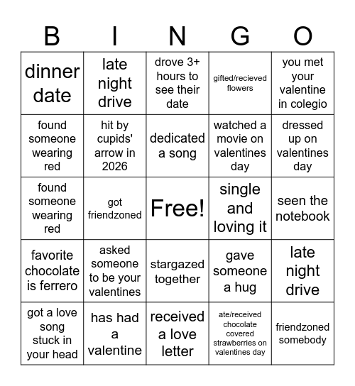 Valentines Bingo Card