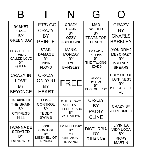 OFF THE RAILS Bingo Card