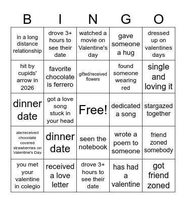 Valentines Bingo Card