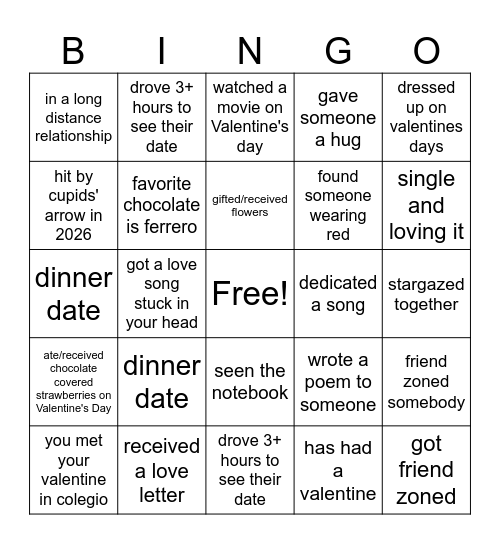 Valentines Bingo Card
