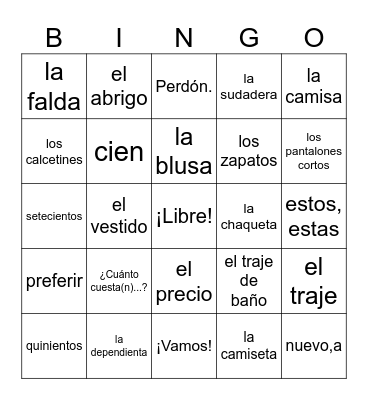 Realidades 1 Capítulo 7A Bingo Card