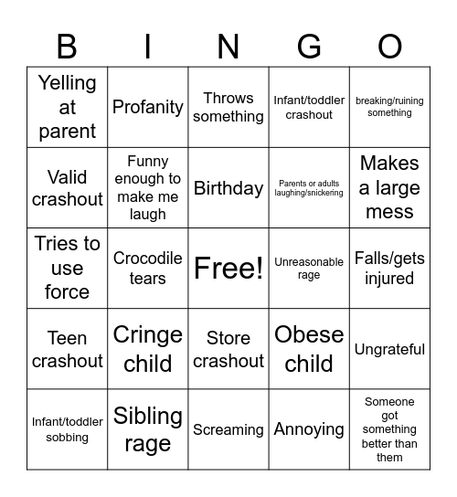 Kid crashouts Bingo Card