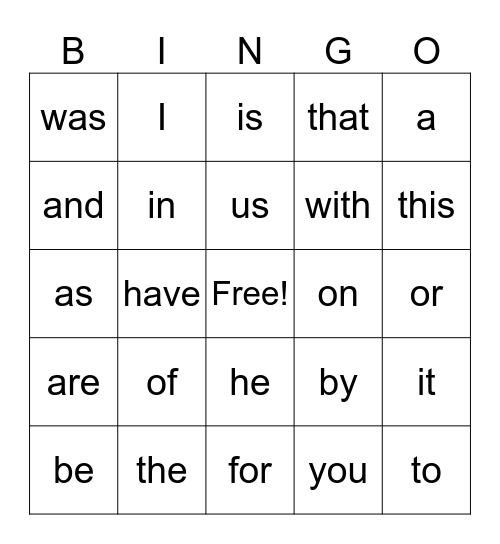 Most Common Word Bingo Card