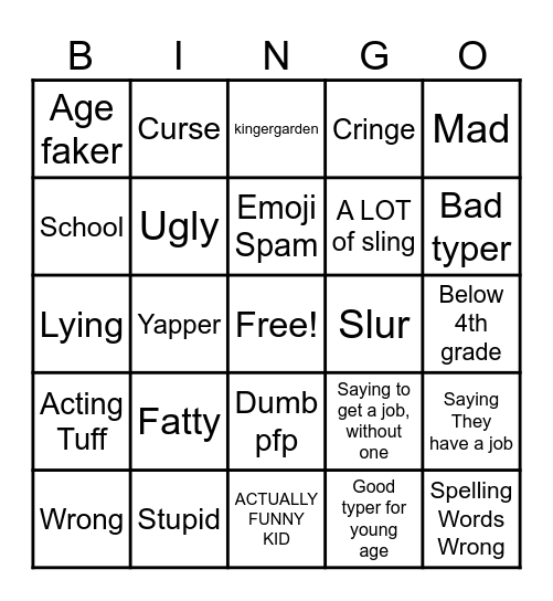 Gen alpha comments Bingo Card