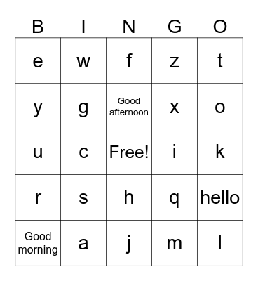 Alphabet and Greetings Bingo Card