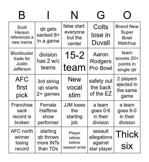 2026 NFL Season Bingo Card