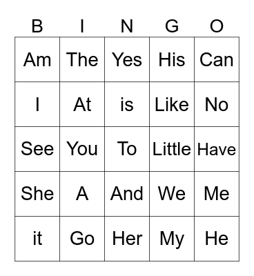 Sight words Bingo Card