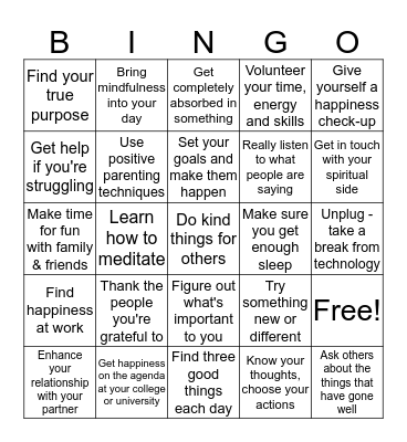 Action for Happiness Bingo Card