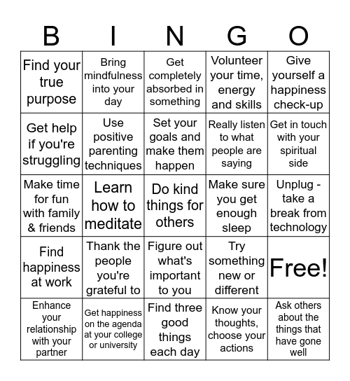 Action for Happiness Bingo Card