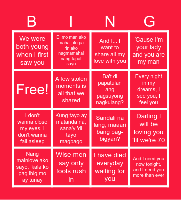 LOVE SONG BINGO Card