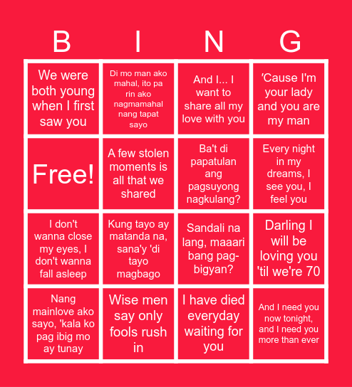LOVE SONG BINGO Card
