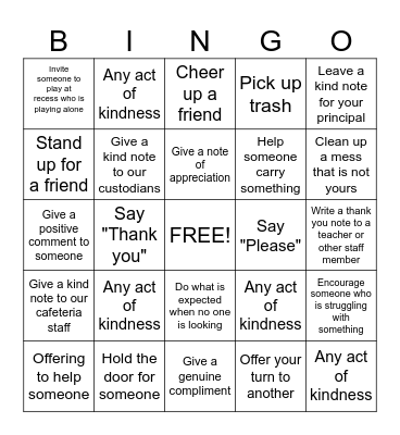 Random Acts of Kindness for a Week Bingo Card